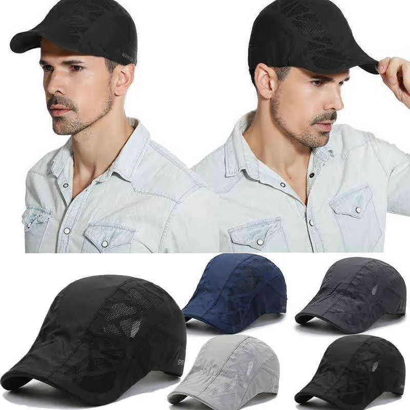 Hommes été décontracté béret chapeau plat chapeau respirant maille casquette journal garçon style réglable été mode couleur unie noir chapeau pour les femmes J220722