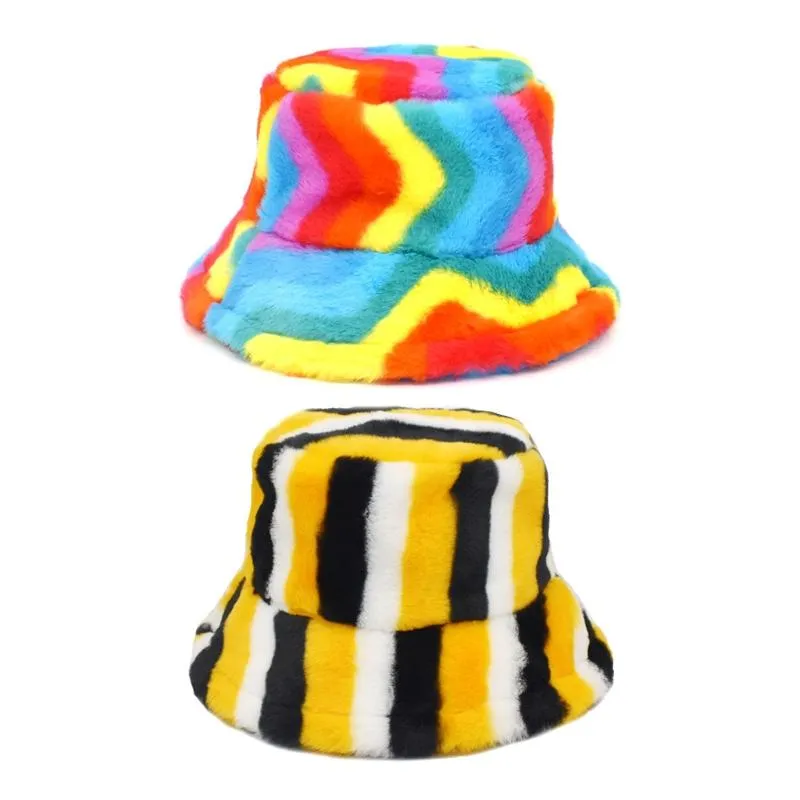 Berets N7MF Fashion Rainbow Stripes Plush Basin Hat Fisherman Unisex Faux Fur Wool Hats Fall Winter Hipster