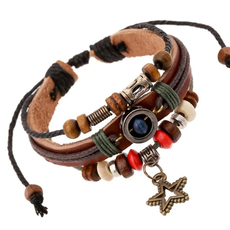 Charm Bracelets Vintage Pentagram Pendant Beaded Leather Bracelet Men Women Fashion Multilayer Jewelry GiftsCharm