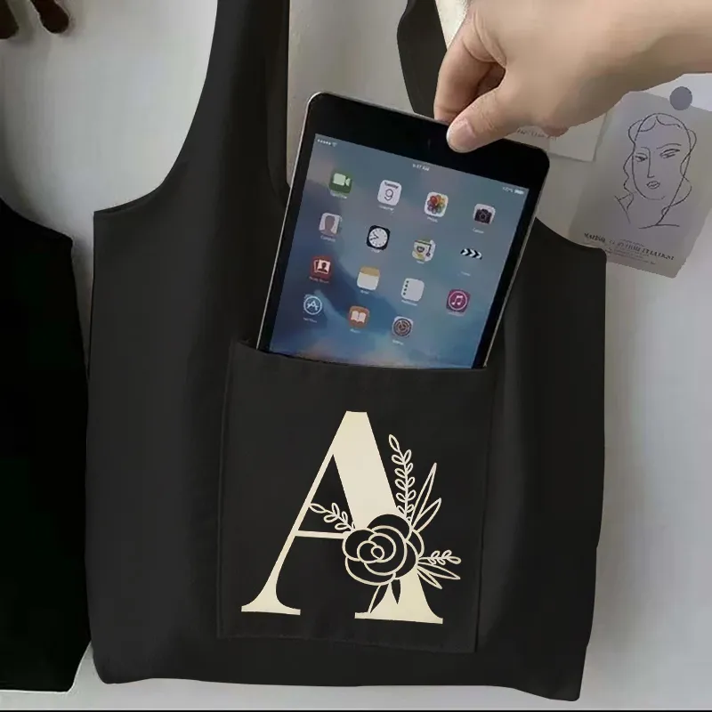 بسيطة الذهب إلكتروني طباعة التسوق الأسود أكياس قماش حمل حقيبة مطبوعة الكرتون قابلة لإعادة الاستخدام القماش حقيبة حقيبة حقائب الكتف مخصص