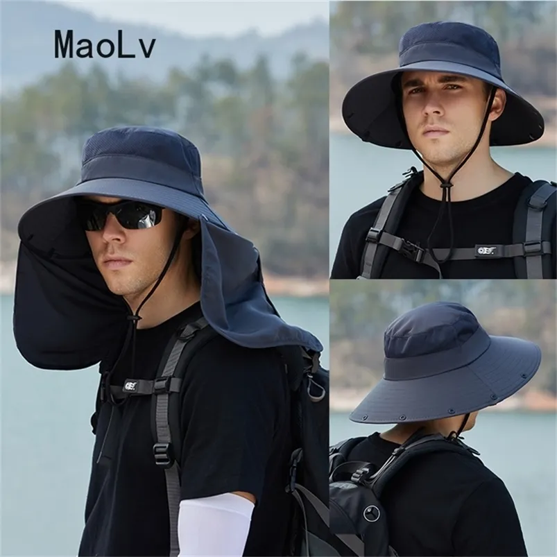 Summer Sun Hats Double Layer UV Protection Fishing Hunting Outdoor Cap Men Hiking Camping Visor Hat Removable Fisherman Hat 220812