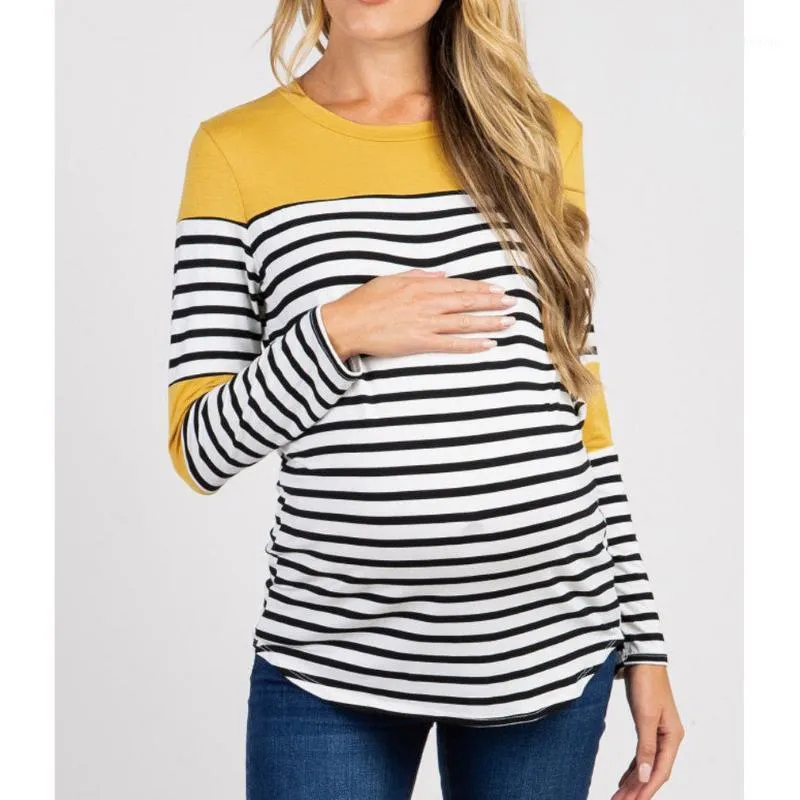 女性用Tシャツ2022ファッション幼稚園の女性春秋のストライプソリッドパッチワークロングスリーブカジュアルトップTシャツファムプラスサイズxxl
