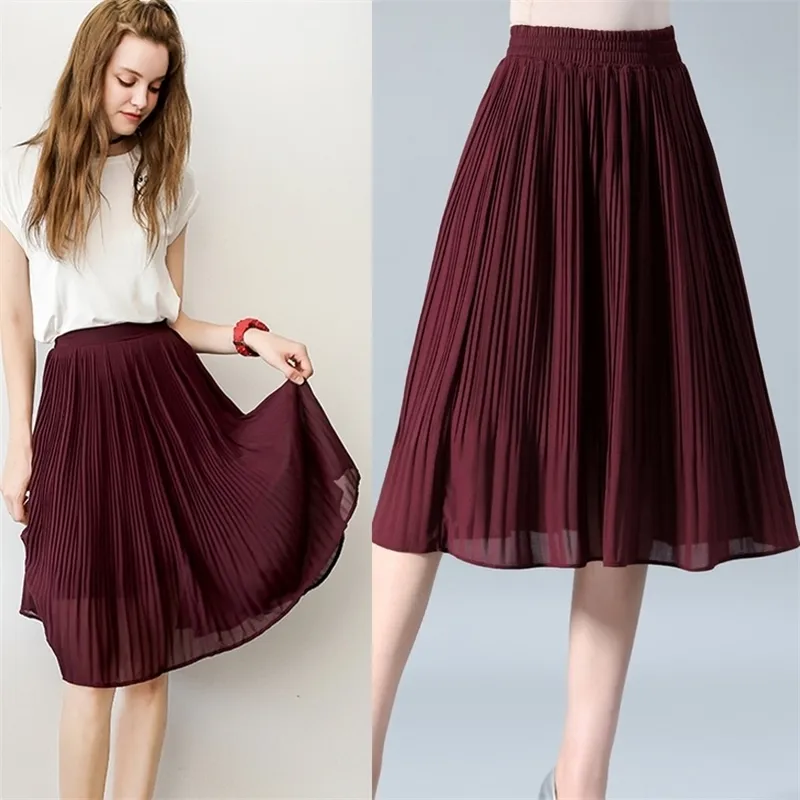 Women Chiffon Skirt Summer Thin Solid Pleated Skirts Womens Saias Midi Faldas Vintage Women Midi Skirt 210311