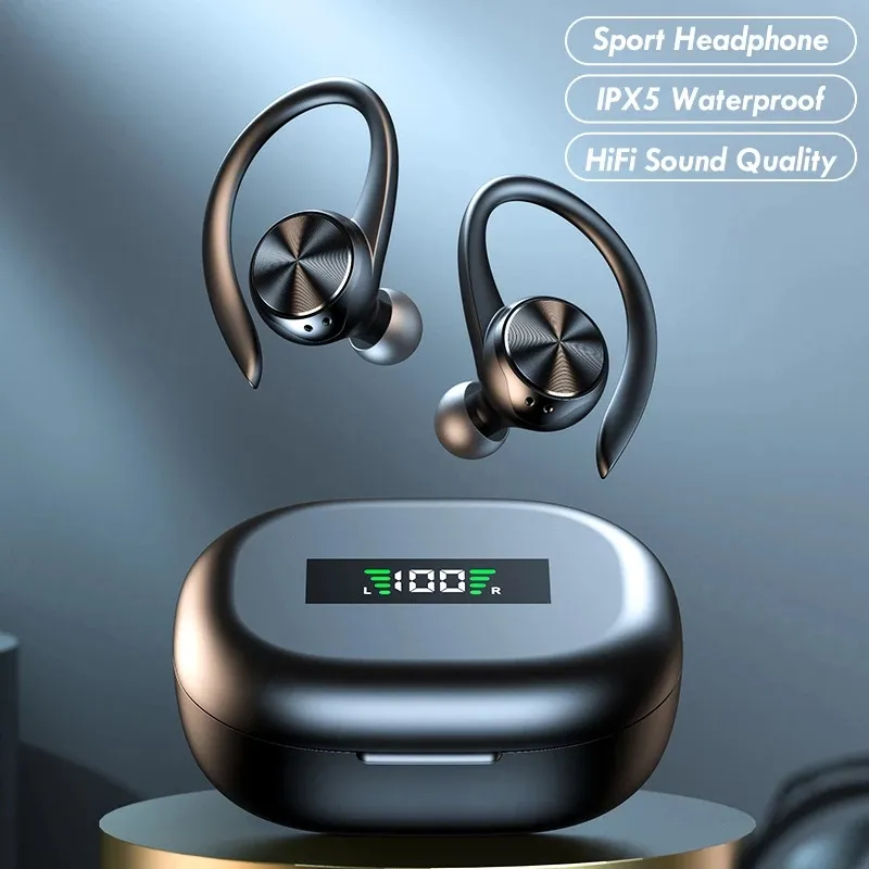 Fones de ouvido esportivos sem fio Bluetooth com microfone IPX5 à prova d'água Ganchos de orelha Fones de ouvido Bluetooth HiFi estéreo Música Fones de ouvido para celular inteligente