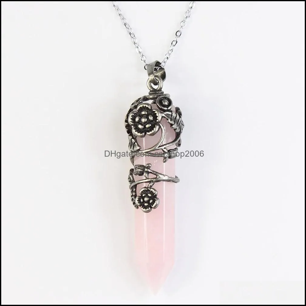 retro natural healing stone crystal pendulum necklace pink rose quartz chakras hexagon prism leaf flower pendant for gift jewelry