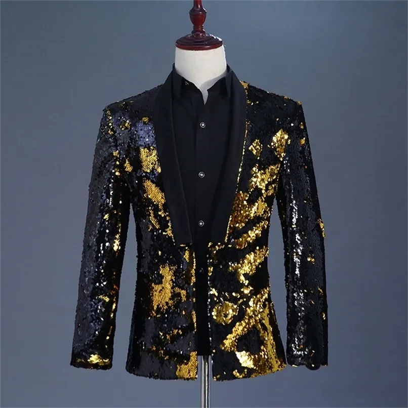 Fashion Changing Black Gold Sequin Blazer Men Fancy Paillette Wedding Singer Stage Perfor Suit Jacket Annual DJ Blazer Homme 3XL 220812