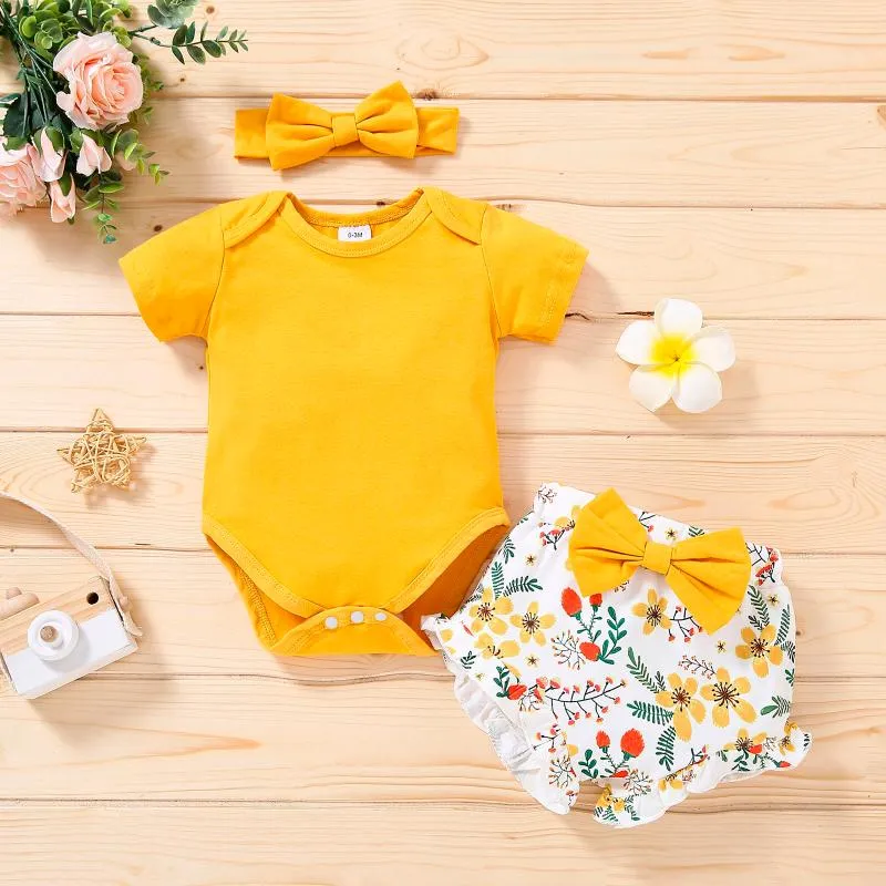 Clothing Sets Piece Baby Girl's Clothes Solid Colour Romper Tops Floral Bowknot Shorts Headband Three Pieces Outfit Set 0-18M Pour Enfan