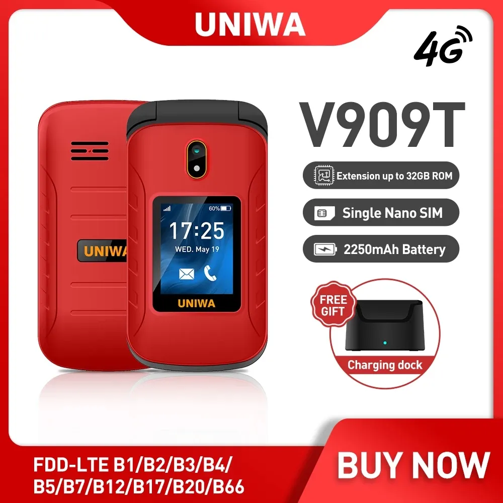 Original UNIWA V909T grand bouton-poussoir 4G téléphone portable à double écran 0.3mp caméra Radio FM grand clavier SOS téléphone portable à clapet pour vieil homme