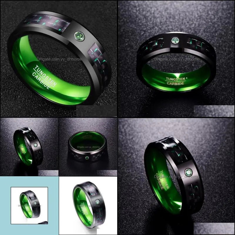 Wedding Rings Men`s 8mm Tungsten Carbide Ring Green Carbon Fiber Comfort Fit Band Steel Size 7 To 121