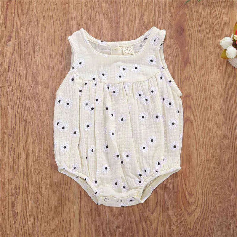 0-18m夏の女の赤ちゃんコットンリネンノースリーブフローラルプリントボタンromper幼児幼児ソフト衣装サンスーツ服G220521