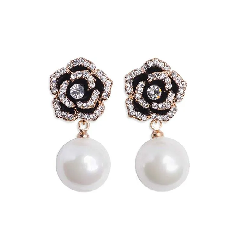 Stud Fashion Brand Gold Crystal Black Flwoer Pearl Boucle d'oreille pour les femmes à la mode Rose Camellia Boucles d'oreilles