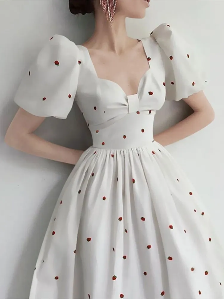 【関送込み】Since Then puff sleeve one-piece dress/E230004 Strawberry Print Slip Dress: Retro A Line Mini Dress