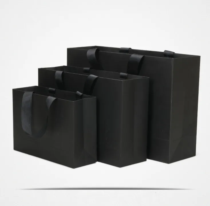 Luxury Custom Printed Black Gift Bag With Ribbon Handles For Jewelry
