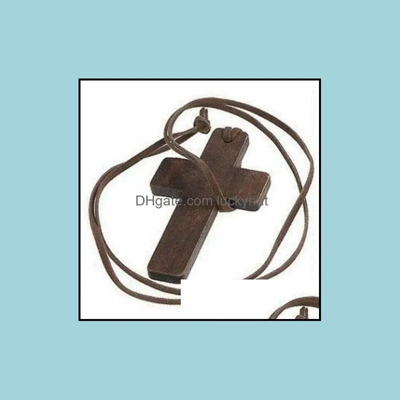 New Simple Wooden Cross necklaces For women Wood Crucifix Pendant with Black Brown String Rope Long chains Fashion Jewelry in Bulk