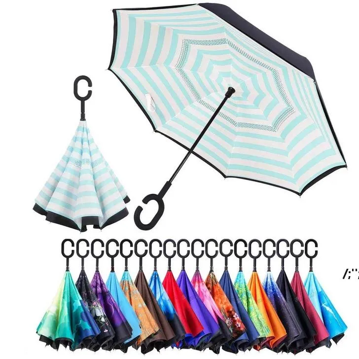 Double Layer umbrella Inverted Outdoor Factory China 8 Ribs Fold Upside Down Fabric Windproof C-Handle Reverse Umbrella with Bag JLA13470