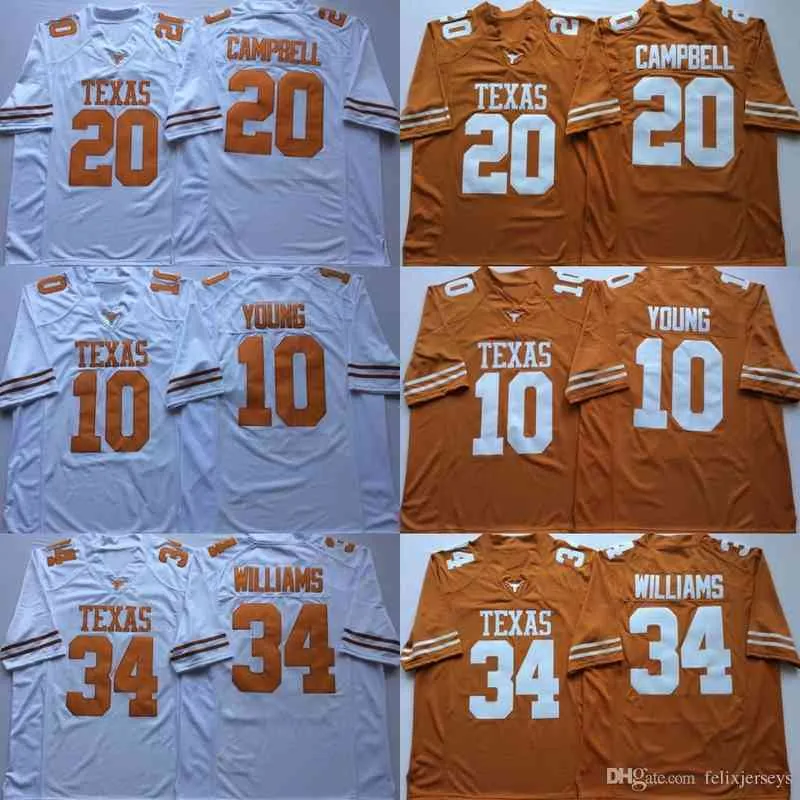 Thr 34 Ricky Williams Texas Longhorns 10 Vince Young 20 Earl Campbell NCAA College Football Jerseys podwójnie zszyty nazwa i numer