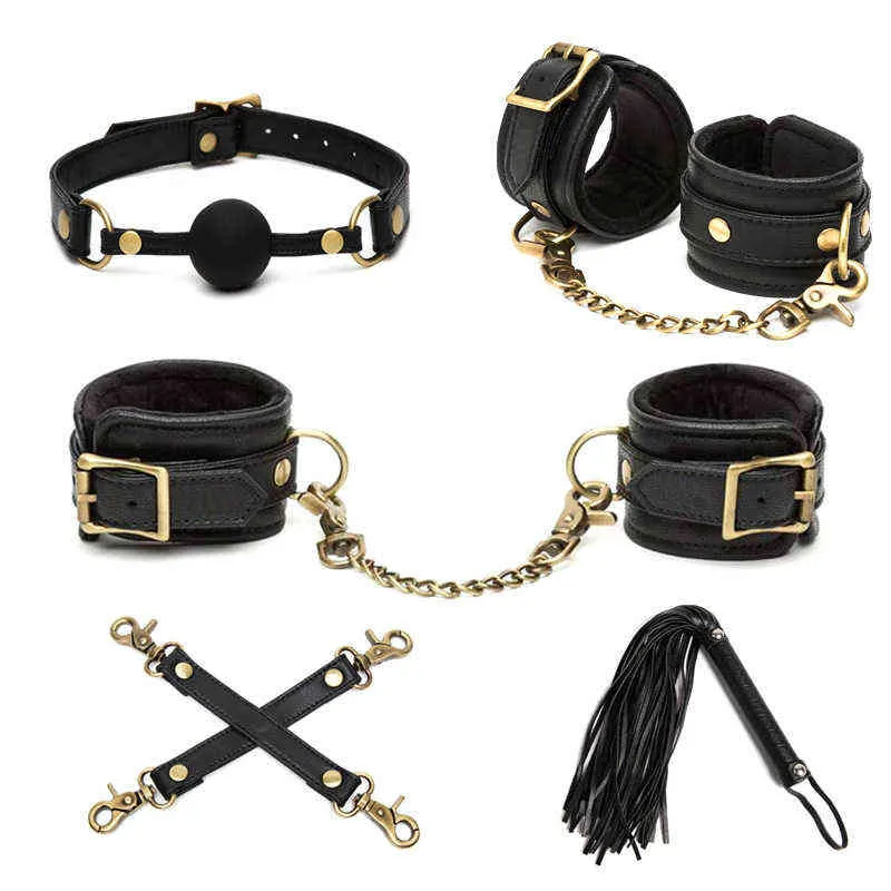 Nxy Sm Bondage 5pcs set Bdsm Handcuffs Black Ankle Cuff Restraints Leather Whip and Mouth Gag Ball Sex Adult Erotic Toys for Couples 220426