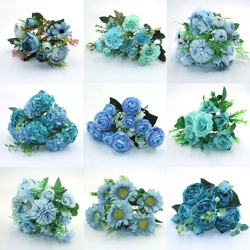Dekorativa blommor kransar blå hösten falsk te rose pion siden blommor gerbera tusensköna konstgjorda plast bröllop hem tillbehör dekoratio