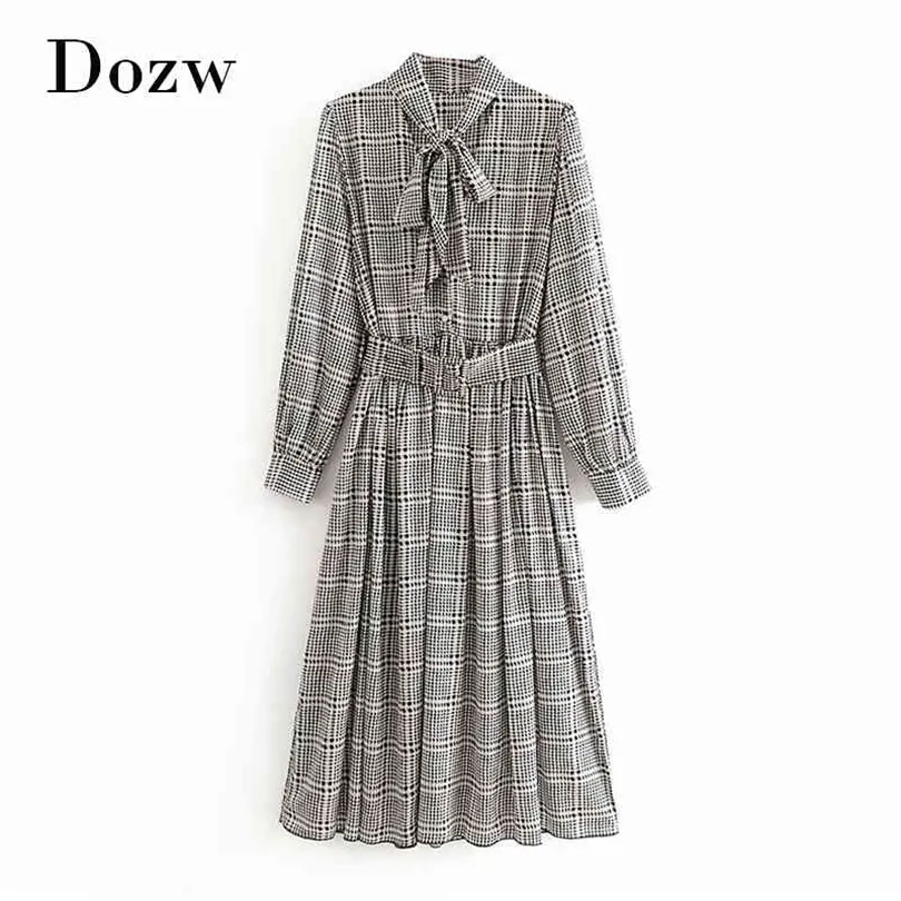 Women Fashion Houndstooth Plaid Lång klänning med Belt Elegant Bow Tie Collar A Line Dresses Long Sleeve Vintage Party Dress 210414