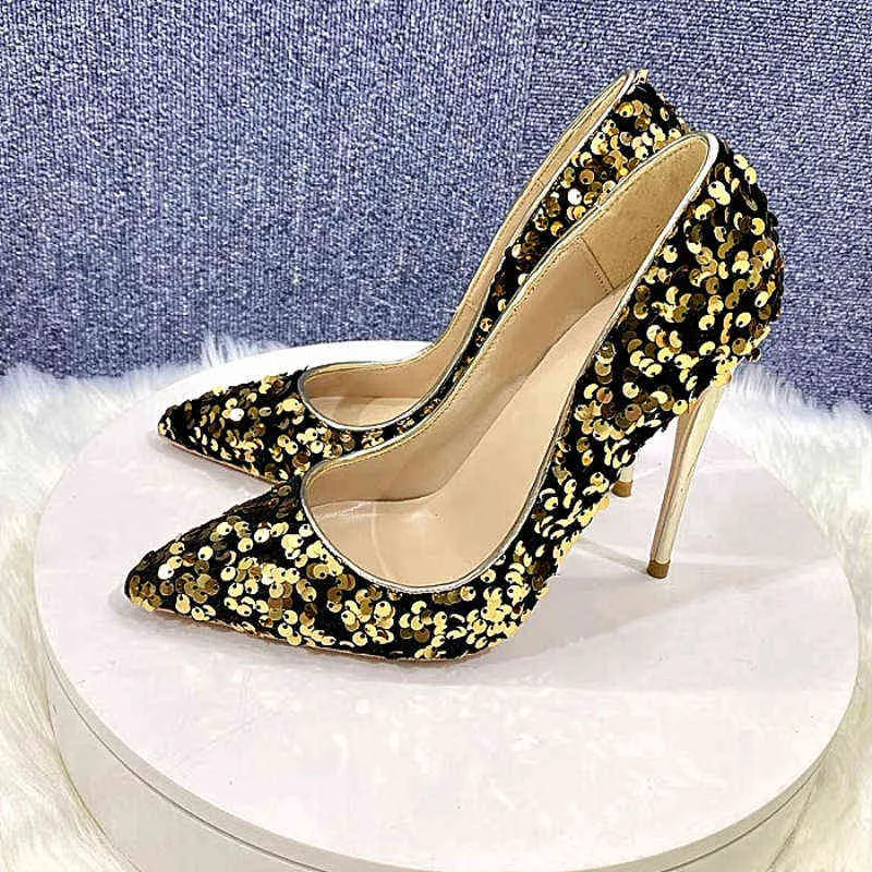 Color bead celebrity high heels women`s 12cm pointed thin heel shallow mouth single shoes