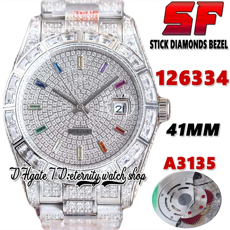 SF Ultimo ew126334 A3135 Orologio automatico da uomo jh126333 bl86409 Quadrante con diamanti arcobaleno con indici a bastoncino Quadrante in acciaio 904L con diamanti ghiacciati Orologi Super eternity