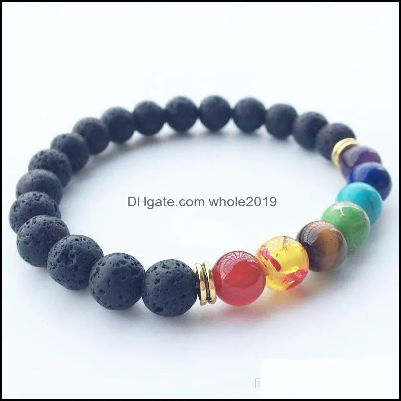 hot natural black lava stone bracelets energy 7 reiki chakra healing balance 8mm colorful beads bracelet for men women stretch yoga