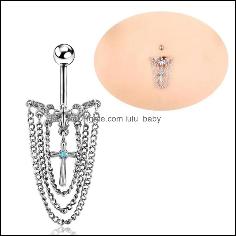 14g chain dangle belly button ring stainless steel alloy cross tassel navel barbell piercing jewelry for women