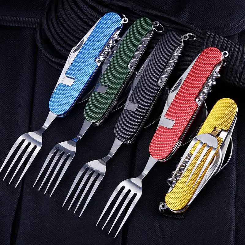 Multifunctional Folding Knife Dinnerware Sets Portable Combination Folding Cutlery Keychain Pendant Outdoor Camping Tools 