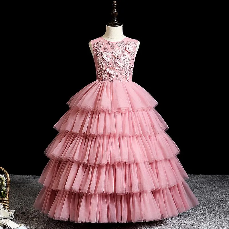 Mädchenkleider Abendkleid O-Ausschnitt Elegant Blumendruck Bodenlang Ärmellos Abgestufter Tüll Ballkleid Rosa Party Blumenmädchen B1862