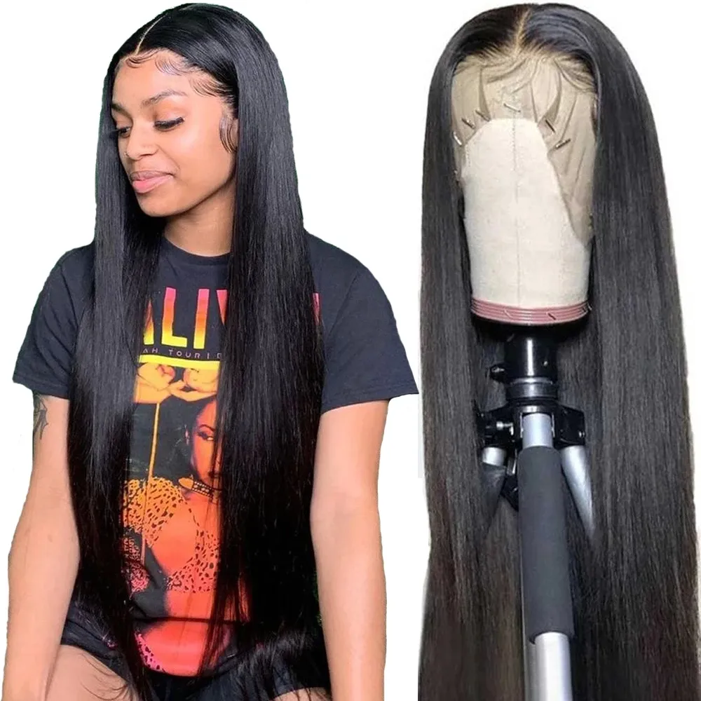 Brazilian Bone Straight Human Hair Wig Transparent Lace 32 34 Inch Synthetic Lace Frontal Wigs For Women