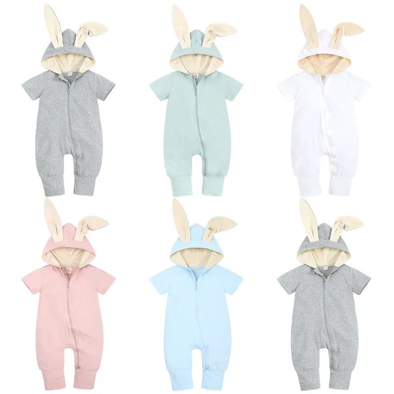 Adorable Summer Bunny Ears Cotton Romper With Hood And Zipper Short Sleeve, Long Pants, Solid