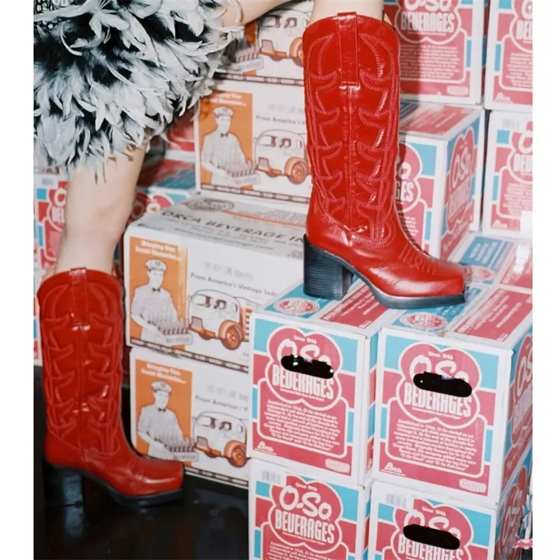 プラットフォームチャンキーウエスタンミッドカーフレディースハイヒール刺繍されたスクエアトゥプルファッションカウガールカウボーイブーツ女性220815