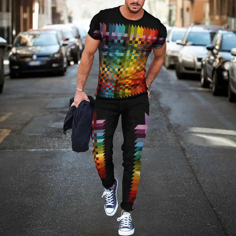 Sommar Europeiska och amerikanska färgglada gradientmönster för män 3d digitalt tryck T-shirt Byxor Tvådelat set 220526