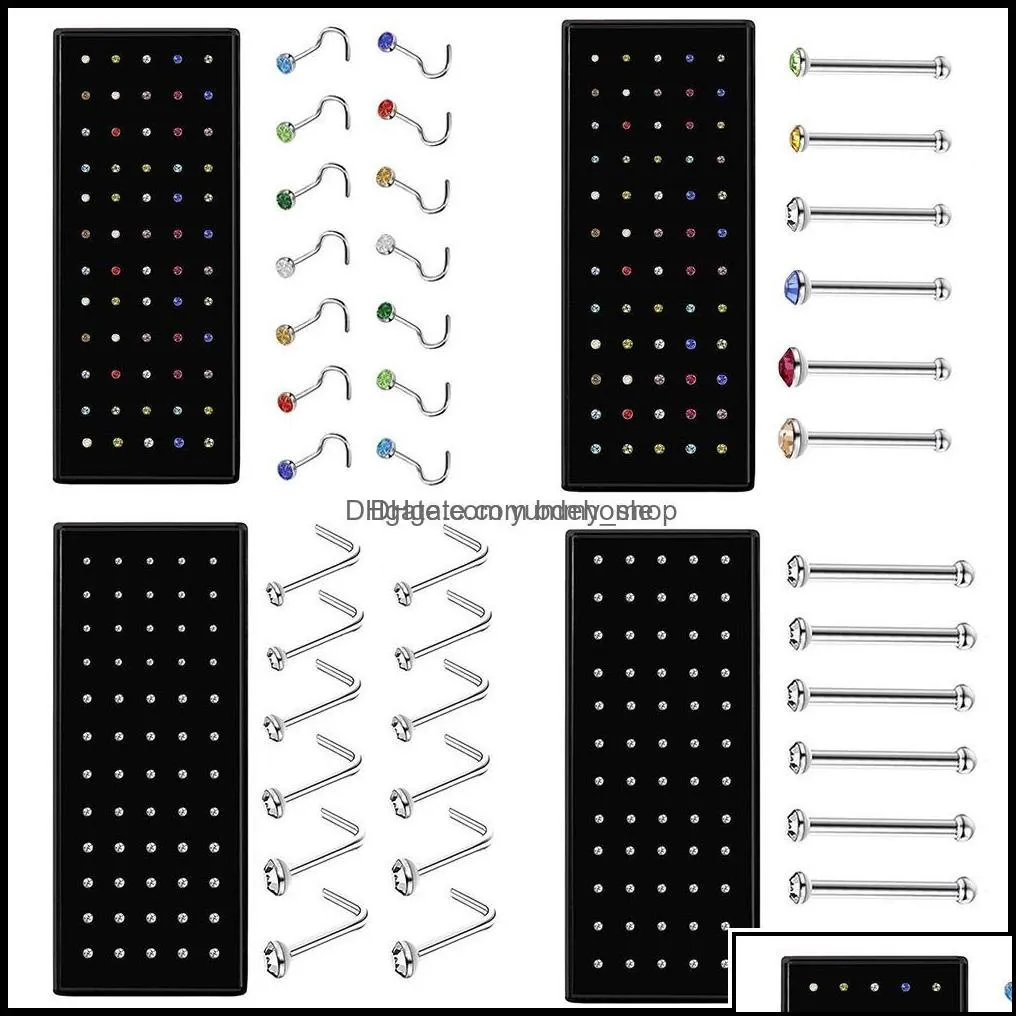 Anelli da naso Borchie Gioielli per il corpo Gioielli 60 pezzi Set di borchie a forma di L in scatola con kit di pistola per piercing in cristallo Anello falso Ago in acciaio inossidabile Cerchio Pac