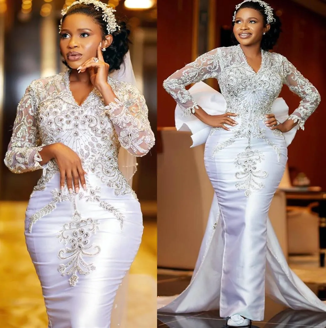 Plus Size Arabic Aso Ebi Mermaid Luxurious Sparkly Wedding Dress with big bow V-neck Lace Beaded Bridal Gowns Dresses 2022