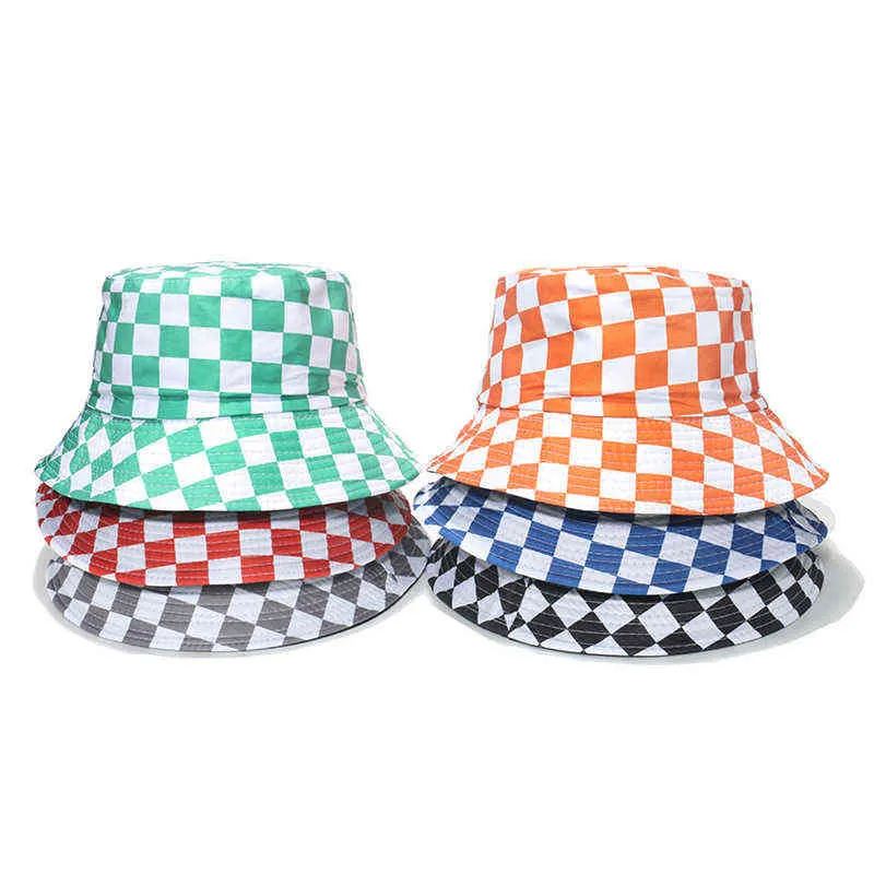 Fashion Women Spring Summer Cotton Bucket Hats Female Lady Plaid Outdoor Panama Fisherman Cap Hat For Women DropShipping G220418