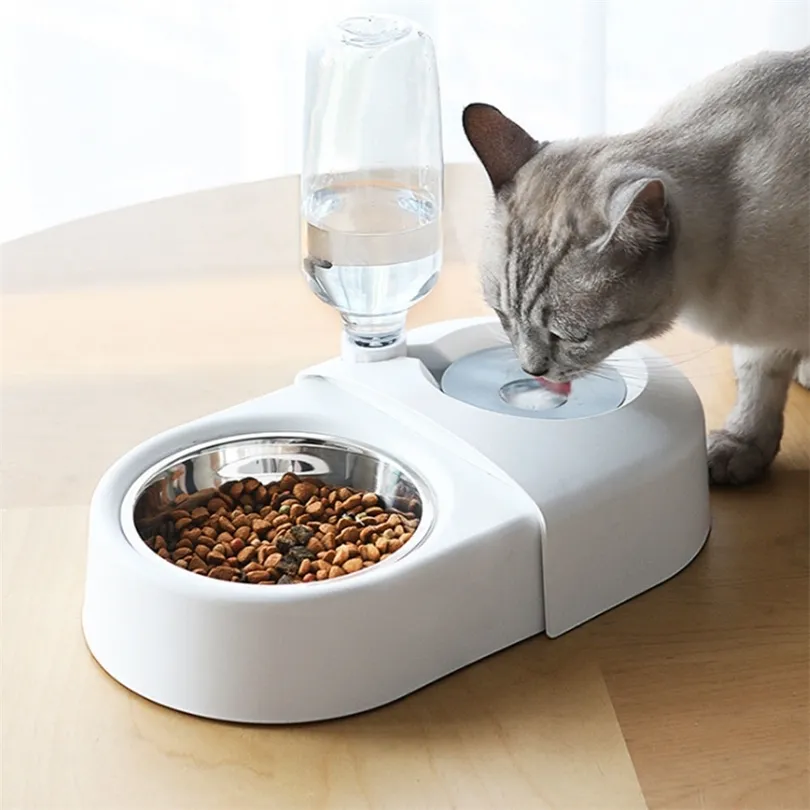 Bol pour animaux de compagnie Double bol à boire Nourriture pour chat Plat à eau Bouteille d'eau Alimentateur pour chien Distributeur d'eau automatique avec barrière anti-humidité T200713