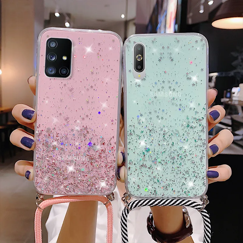 For Samsung Galaxy A14 5G, Bling Glitter Phone Case w/ Tempered Glass &  Lanyard