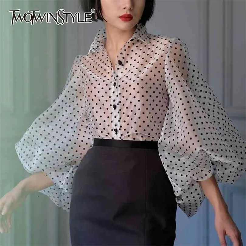 TWOTWINSTYLE Vintage Polka Dot Long Puff Sleeve Womens Tops and Blouses Plus Size Sheer Shirts Summer Clothes Ladies Korean 210326