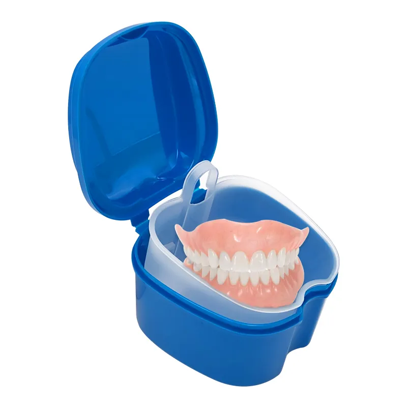 Caja de baño para dentaduras postizas, caja de almacenamiento dental con contenedor de red colgante, cuidado de plástico