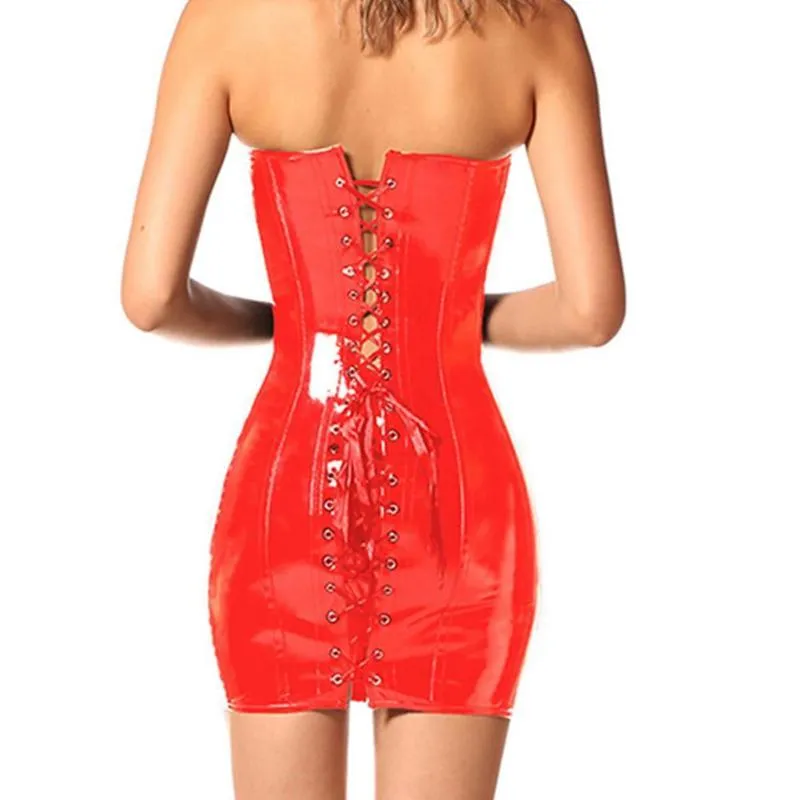 Sıradan Elbiseler Gotik Kadın Seksi Wetlook Pvc Faux Deri Korse Uzun Korse Vücut Catsuits elbise Lateks Siyah Kırmızı İnce Butiers