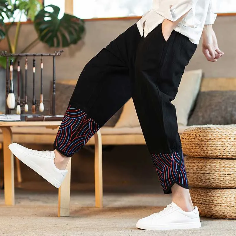 Roupas étnicas estilo chinês calça calça linho de algodão tradicional samurai tai harem harajuku streetwear vintage calça masculina 30539e