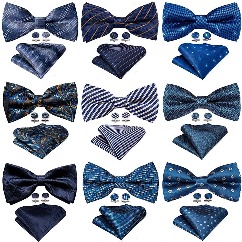 Blue Pre-bow Tie For Mens Bowtie Silk Jacquard Plaid Bows Pocket Cufflinks Set Male Butterfly Party Wedding Barry