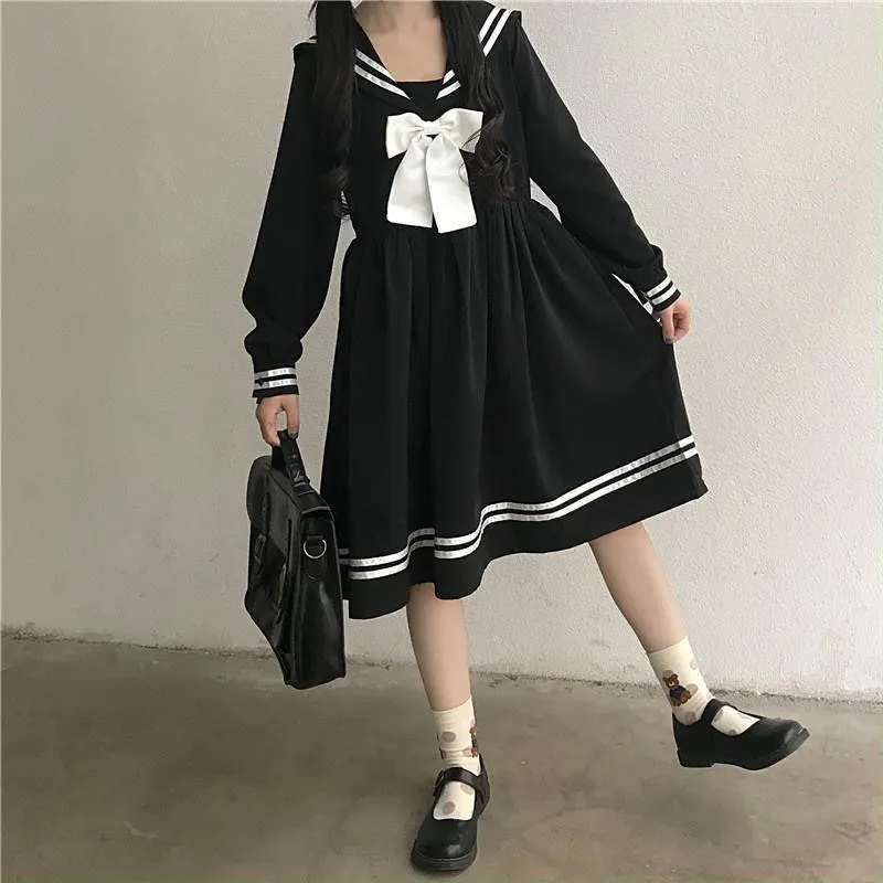 Kledingsets Japanse zwarte lolita zoete bowknot gewaden lange mouw preppy feest vrouwen kawaii stijl zeiler kraag jurk jk meisje wassla