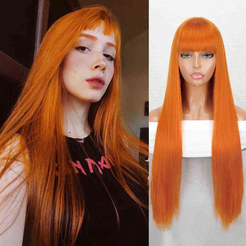 Long Straight Strap with Bangs Synthetic Wig Orange Woman Cosplay Into High Quality Heat Resistant Fiber 220622