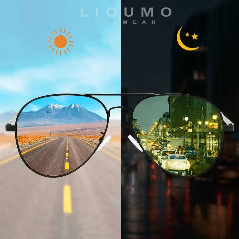 LIOUMO PILOT SUNGASSSES Polaryzowani mężczyźni Pochromic Day Night Driving Kieliszki Kobiety Chameleon Goggle Uv400 Lentes de Sol Hombre W220331