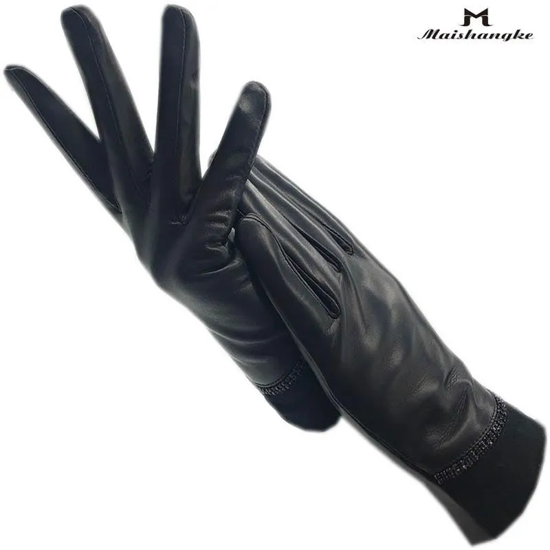 Cinq doigts gants hiver dames poignet mode peau de mouton noir chaud en cuir véritable conduite doigt froid accessoire