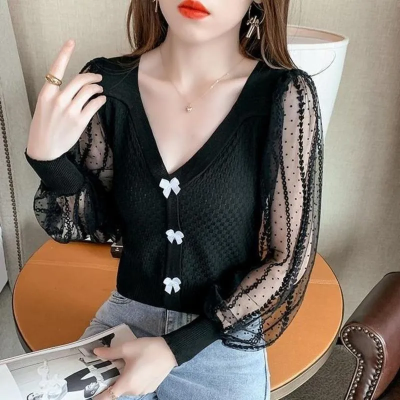 Women's Polos Western-style V-neck Sweater Women's Autumn 2022 Trendy Fashion Bow Mesh Stitching Long-sleeved TopWomen's