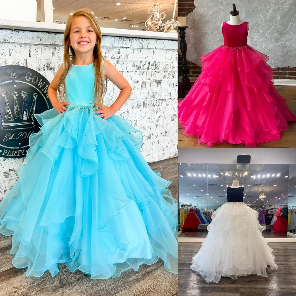 Kids Ballgown Pageant Dresses 2022 with Velvet Bustier Cascades Ruffles Organza Flower Girls Gowns Jewel Zipper Magenta Black-White Floor Length Formal Party Wear