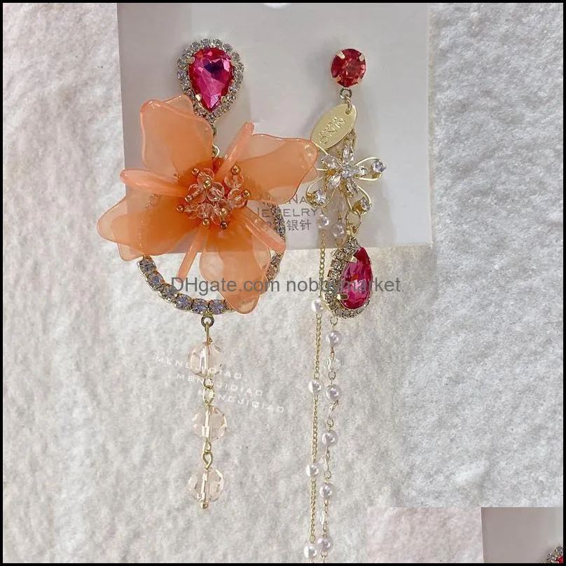 Dangle & Chandelier MENGJIQIAO Korean Luxury Asymmetric Flower Crystal Drop Earrings For Women Girls Elegant Pearl Tassel Oorbellen Party